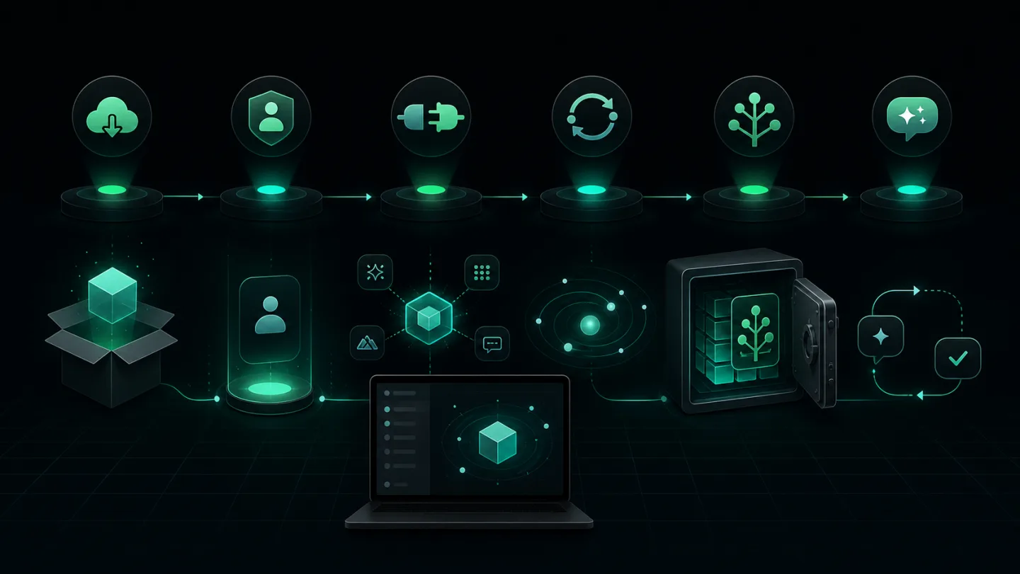 OpenHuman 安装后首次记忆同步检查流程示意图，公开来源、登录授权、集成同步、Vault 检查和验证提示词依次串联