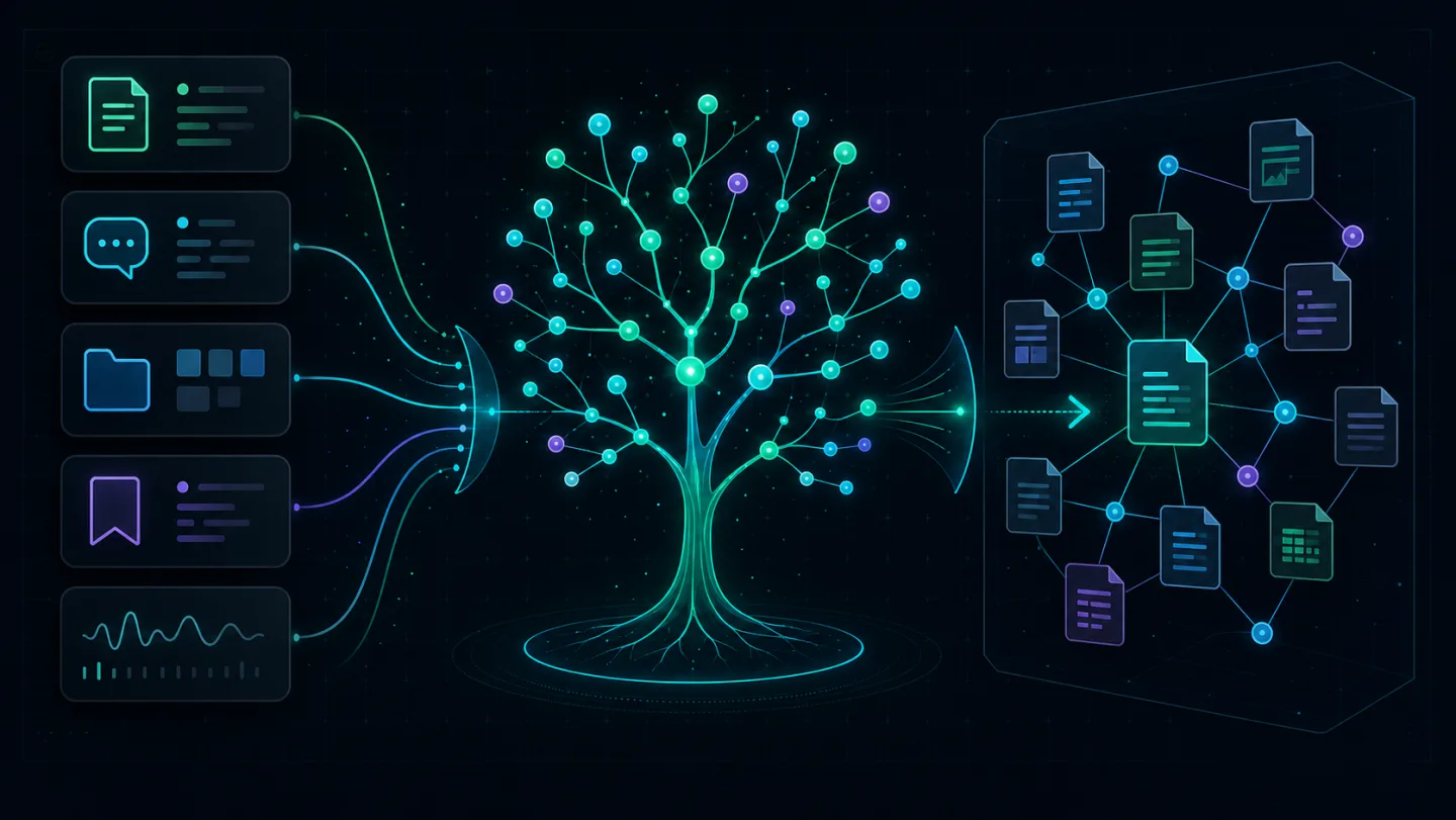 OpenHuman Memory Tree 与 Obsidian Markdown Vault 工作流示意图，多源个人资料汇入可检查的长期记忆树
